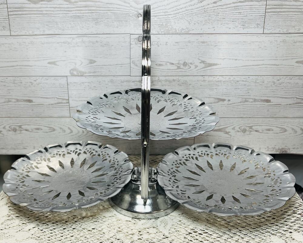 Vintage MCM Chrome 3 Tiered Reticulated Foldable Cake/Pastry/Dessert Tray